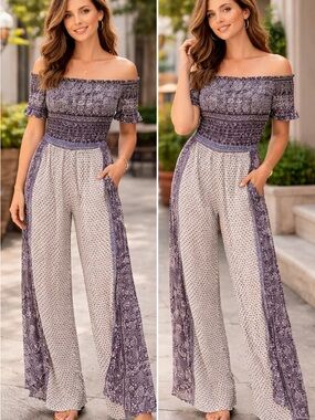 Anthropology rebellion Off-Shoulde Wide Leg Side slits Jumpsuit in navy size L